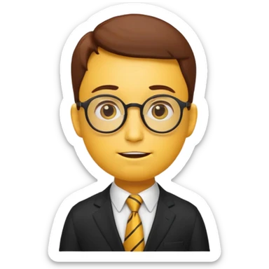 emoji character with the classic nerd emoji head (yellow round face, large brown glasses, buck teeth, freckles). The body is human-like, dressed in an elegant black suit with a tie, in a thoughtful and philosophical pose —  sticker