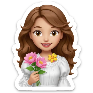generate a pretty bratz girl with in a white puff sleeve top.  light lipgloss on . Brown wavy hair long. carrying flowers  sticker