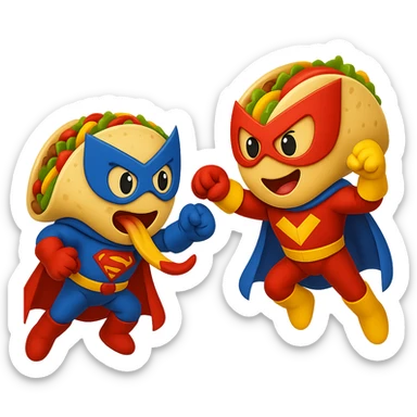 Add superhero costumes to the fajita and taco as they battle in emoji style, no background. sticker