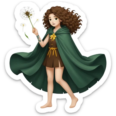 full body woman long curly brown hair brown eyes white skin tattoos dandelion seed cloak blowing apart around her sticker