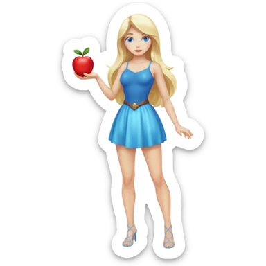 full body woman long blonde hair blue eyes white skin holding glowing apple like forbidden fruit sticker