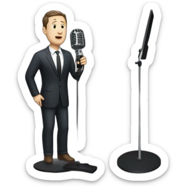 tim robinson in suit singing into microphone stand holding stand (full body, ios17, somber) sticker