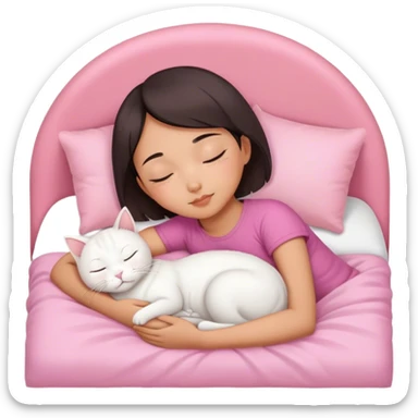 White cat sleeping with Asian girl short hair in pinky bed  sticker