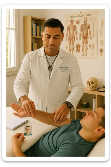 a middle-aged man, dressed in casual professional attire, is in a bright, organized therapy studio. Durante una visita di kinesiologia, il praticante tiene con una mano la foto di una persona lontana (il “testimone”) appoggiata su un tavolo, mentre con l’altra mano esegue un test muscolare su un cliente presente. Sullo sfondo si vedono libri di kinesiologia, poster anatomici e strumenti tipici della disciplina. L’atmosfera è concentrata e serena, con luce naturale che entra dalla finestra, sottolineando l’aspetto alternativo e umano della pratica. sticker