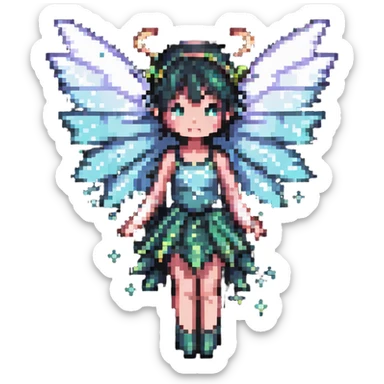 pixel art fairy with sparkling wings, floating sticker