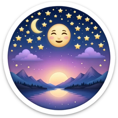 "Design a calming circle emoji for evening reflection. Soft moonlight, gentle stars, peaceful twilight sky, or spiritual symbols. No people - emphasize tranquil colors, night sky elements, and serene spiritual imagery." sticker