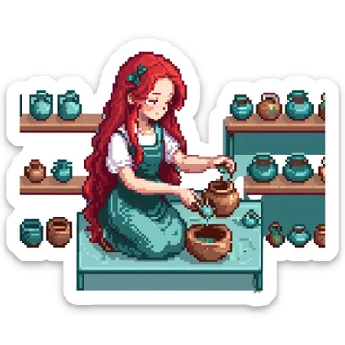 girl with long red hair making pottery sticker