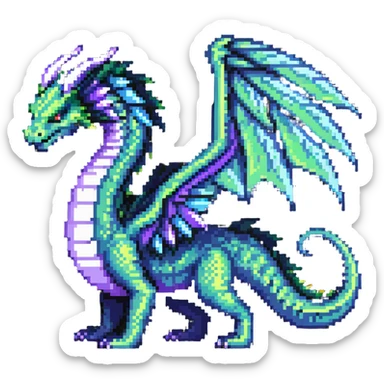 fantasy wyrm, serpentine body, big wings, long tail, shimmering green, blue, and purple colors sticker