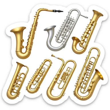 Create a professional, harmonious emoji collage symbolizing wind instruments.  The instruments should be in metallic gold, silver, and brass tones, with subtle reflections to convey a professional and polished appearance. Add soft musical notes or soundwaves to surround the instruments, creating a sense of movement and sound. The background should be transparent, ensuring all instruments are the focus and the composition remains harmonious and balanced. sticker