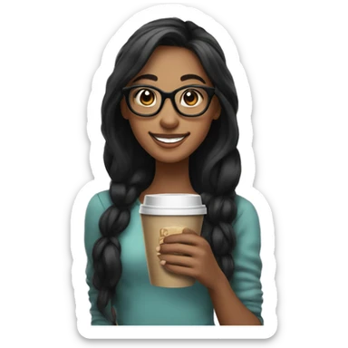 smiling girl with long black hair ponytail standing with a coffee in her hands big black glasses sticker