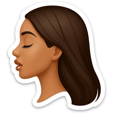 Create a side view (profile) of this woman's head in the normal iPhone emoji style, with closed eyes, long eyelashes, an open mouth, smooth shading, no outlines, long dark hair, and glossy lips with visible lip gloss. This is variant 4. sticker