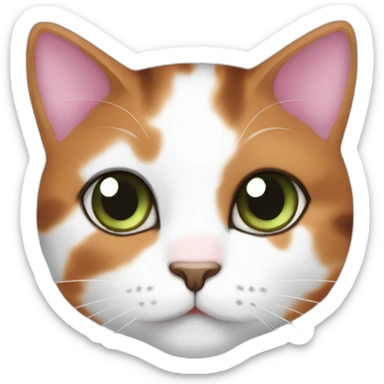 young calico cat face with a pink nose, white chin, green eyes, and orange/brown markings and little dark brown stripes sticker