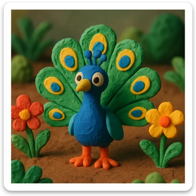 peacock standing in a garden, playful and vibrant, textured look, claymation style sticker