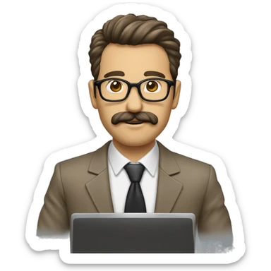 hombre pelo castaño claro, con un poco de barba y un poco de bigote, usando lentes y utilizando una computadora de informático sticker