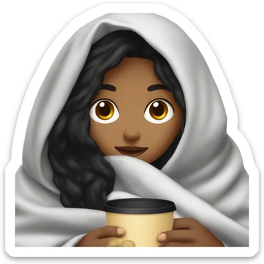 Girl with black hair under the blanket looking at the coffee in her hand sticker