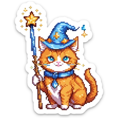 Orange cat with wizard hat and magic wand with sparkles sticker