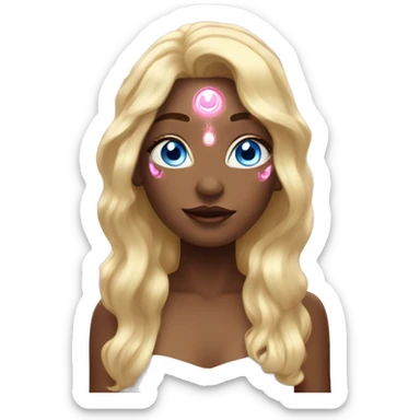magical diva with thin pink andromedan face long blonde hair and blue eyes glowing third eye sticker