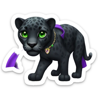 Adult black jaguar with green eyes and a cape with purple gemstones sticker