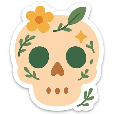 A cute and whimsical skull with a friendly expression, designed in a soft and charming color palette: golden orange (FA9B41), deep forest green (4A7C5C), warm taupe brown (96775A), and pastel peach (FFCC9A). The skull has rounded features and gentle curves, with big, expressive eye sockets that give it a sweet and non-threatening appearance. It’s decorated with floral patterns, tiny stars, or leaf motifs in the given colors, inspired by cozy or magical aesthetics. The background is softly lit, adding to the gentle and enchanting mood, making the skull feel more like a magical companion than something spooky. sticker