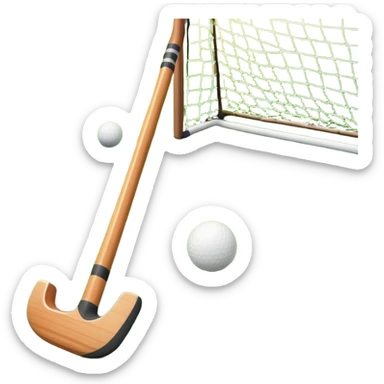 field hockey stick and ball on green grass field with goalposts in background sticker