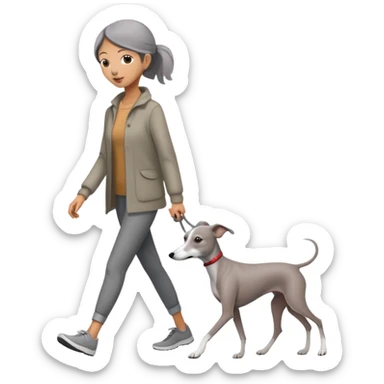 Asian girl walking an all grey Italian greyhound with no white nose, completely grey dog sticker
