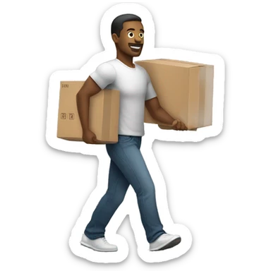 A man walking while carrying a few boxes and weights. More than he should be able to carry sticker