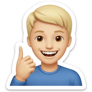 Con una sonrisa en la cara mientras muerde la punta del dedo indice en la boca son sus dientes sticker