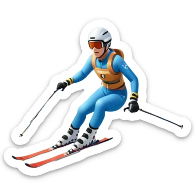 An icon featuring snowy peaks, pine trees, and a picturesque mountain landscape with a skier racing down a snow-covered slope, The sky is blue with soft clouds, capturing the thrill and beauty of alpine skiing. Transparent background highlights the excitement and serenity of winter sports. sticker