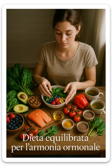 A realistic, cinematic flat-lay image of a clean wooden kitchen table filled with fresh, colorful whole foods known to help reduce androgen excess naturally. The table includes leafy greens like spinach and kale, avocados, berries, colorful vegetables, nuts, seeds (chia and flaxseeds), wild-caught salmon, and herbal teas, carefully arranged in an aesthetically pleasing, organized manner. A small glass bowl with olive oil and another with turmeric powder are included, emphasizing anti-inflammatory properties. In the scene, a young woman with clear, healthy skin and a calm expression is preparing a bowl with these ingredients, symbolizing a hormone-balancing diet. Warm, natural daylight streams in, creating a cozy and inviting atmosphere. The style is hyper-realistic 35mm photography, with vibrant yet soft colors, showcasing textures of the fresh produce and the peaceful vibe of using nutrition to support hormonal balance in italiano sticker