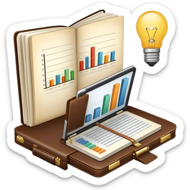 Icon for Business Reading: a prominent open book in the foreground with a briefcase, a laptop, and a notepad around it, with a bar graph and a lightbulb symbolizing ideas and growth. The icon should represent the knowledge and strategy of business literature. Transparent background. sticker