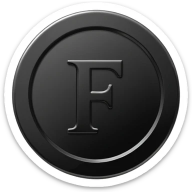 Emoji icon of a black coin with engraved letter F, minimalist style, isolated, no color sticker
