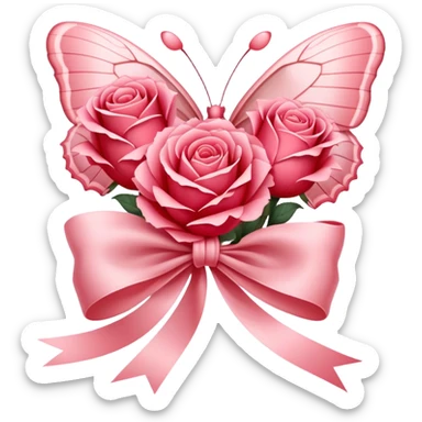 "Lush Blush Red roses wrapped in a silky Rose Quartz ribbon, their beauty enhanced by a fluttering Carnation Pink butterfly. The scene radiates romance and grace." sticker