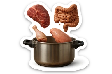 una pentola a pressione dentro cui cadono agnello, pollo e tacchino crudi da cuocere e un intestino umano anatomico realistico, iperrealistico 4k sticker