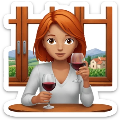 girl with rust colored hair and lots of freckles enjoying wine by window sticker