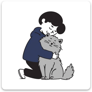 Brunette girl with dark blue sweatshirt snuggling a fluffy grey Siberian cat, warm embrace sticker