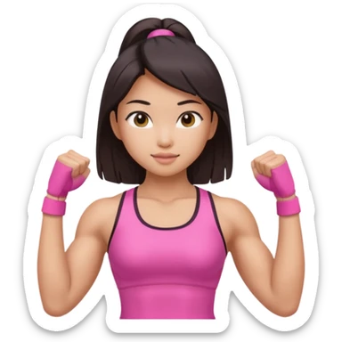 Athletic Asian girl show biceps wearing pink sticker