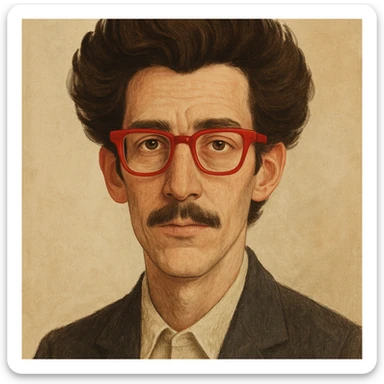 slightly elongated face of a man with red glasses and a big set of brown hair, style 4 sticker