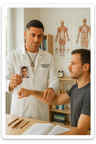 a middle-aged man, dressed in casual professional attire, is in a bright, organized therapy studio. Durante una visita di kinesiologia, il ragazzo tiene con una mano la foto di una persona lontana (il “testimone”) tiene la foto in mano, mentre con l’altra mano esegue un test muscolare su un cliente presente senza foto. Sullo sfondo si vedono libri di kinesiologia, poster anatomici e strumenti tipici della disciplina. L’atmosfera è concentrata e serena, con luce naturale che entra dalla finestra, sottolineando l’aspetto alternativo e umano della pratica. sticker
