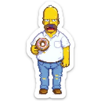 Homer Simpson pixel art style, yellow skin, white shirt, blue pants, bald with two hairs on top, eating a donut sticker