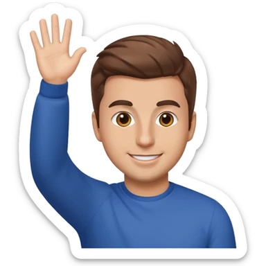 Brian Chesky as an apple-style emoji, waving, brown hair, cheerful sticker
