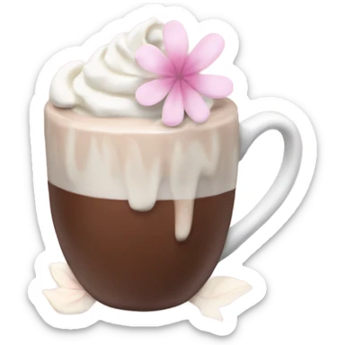 Hot chocolate with pale pink flower and whipped cream sticker