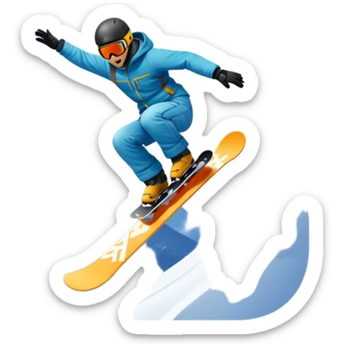 An icon showing a snowboarder performing an exciting jump on a snow-covered slope. The background features towering mountains, snow-covered trees, and a bright, clear sky. Transparent background highlights the speed, agility, and thrill of snowboarding. sticker