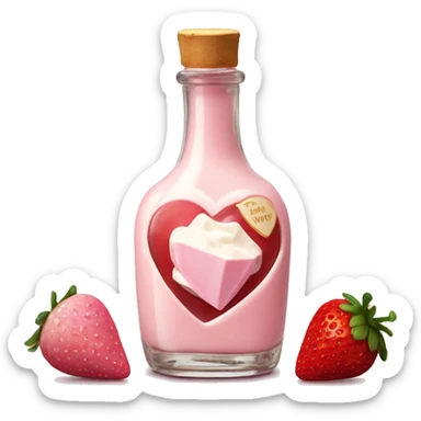 Antique heart-shaped bottle with butter, made of red crystal and crystals, white cream and pink strawberry milk pour from the bottle sticker
