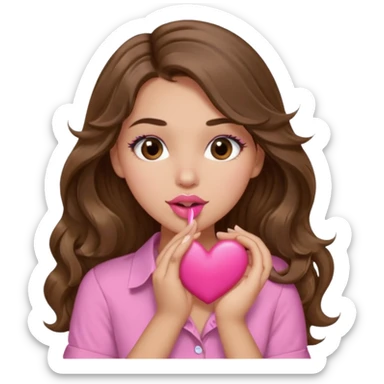 girl with long wavy brown hair, brown eyes, light to medium complexion, in a pink shirt, pink lips, long lashes, puckering up for a kiss, kiss lips and big heart in hand sticker