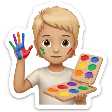 Kid with finger-painted hands and body, palette sticker
