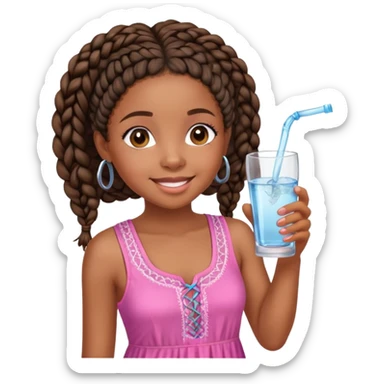 A young afro girl with African braids drinking Water. She has a happy face and is dreesed on pink sticker