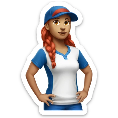 front facing standing up female coach with long red hair, wearing a white t-shirt and a simple baseball blue hat sticker