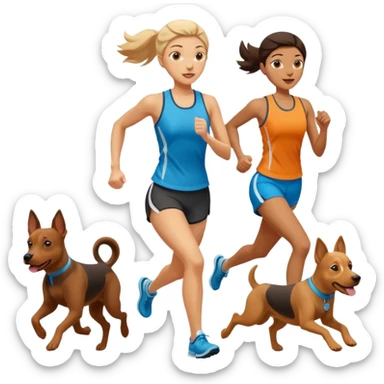 female runner doing canicross with two dogs, energetic, outdoors sticker