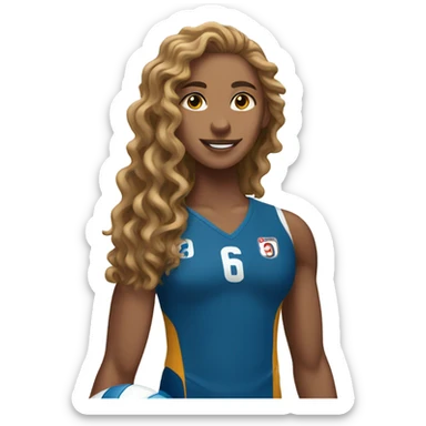 volleyball player with long curly hair and has a volleyball sticker