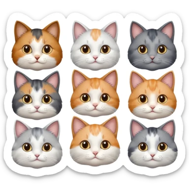 6 realistic looking cats with different natural coloured coats, assorted grey and white, greys, calico, brown and white colours etc
 sticker